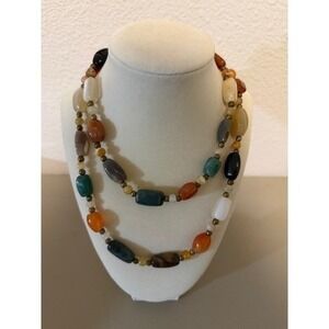 Vintage Multi Color Agate Gemstone Beggars Bead Statement Necklace 36"